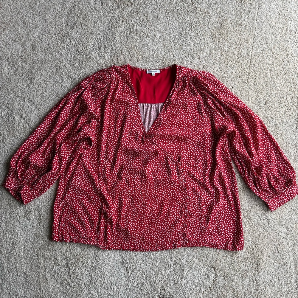 Madewell Red Floral Peasant Blouse 2X Puff Sleeve V Neck Boho Cottagecore Top